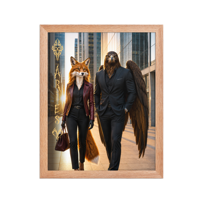 Framed Aries power couple poster featuring eagle and fox archetypes walking through a modern city, symbolizing strength, ambition, and partnership.