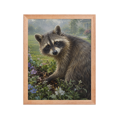 Garden Raccoon Curiosity Framed Poster
