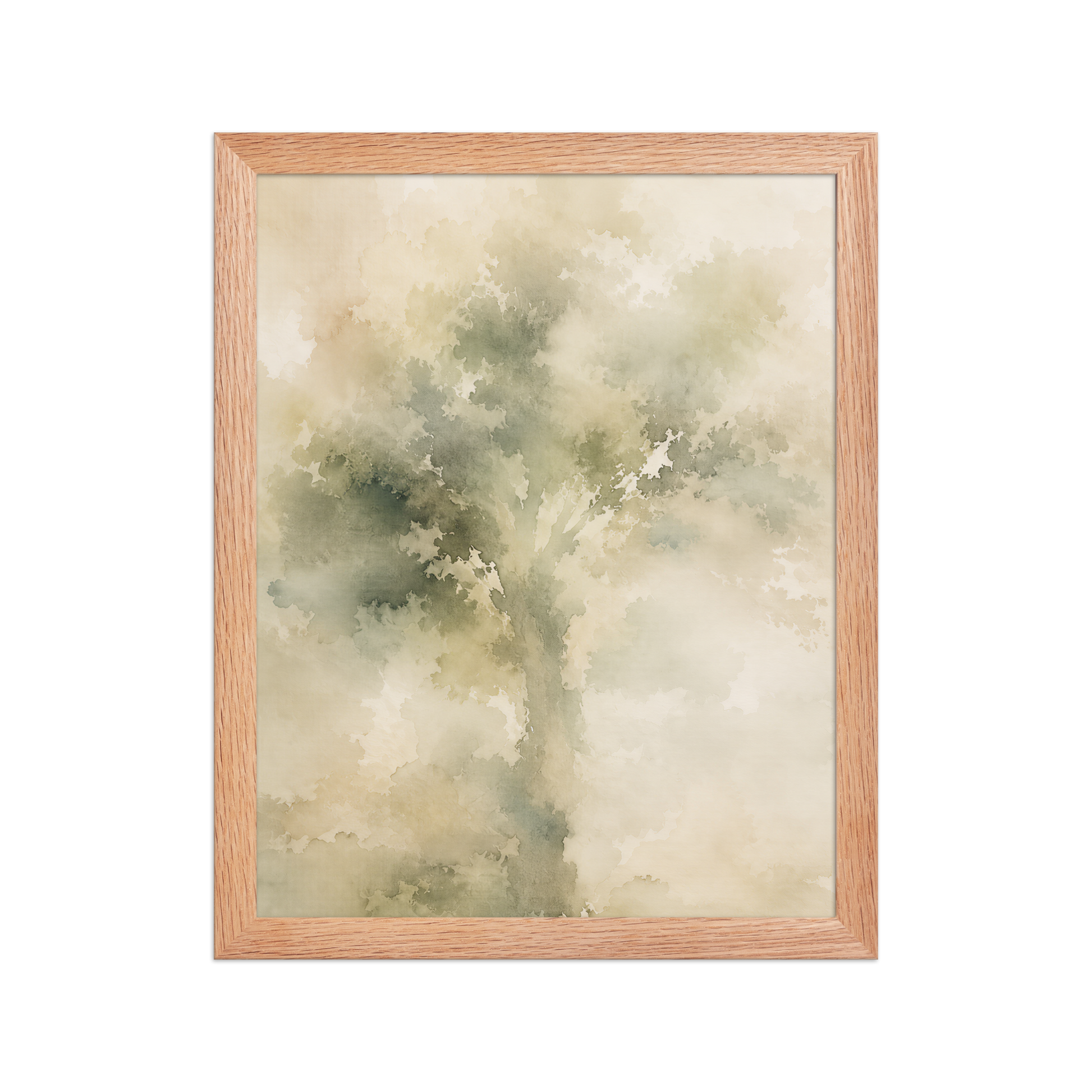 Framed minimalist nature poster featuring a softly emerging tree form in muted green and warm neutral tones.