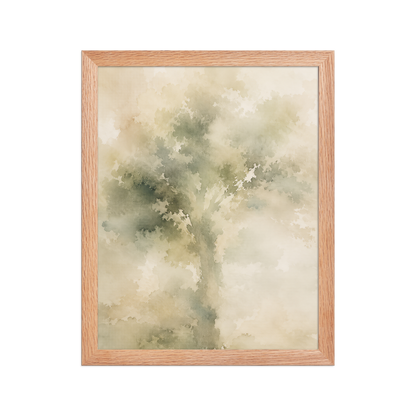 Framed minimalist nature poster featuring a softly emerging tree form in muted green and warm neutral tones.