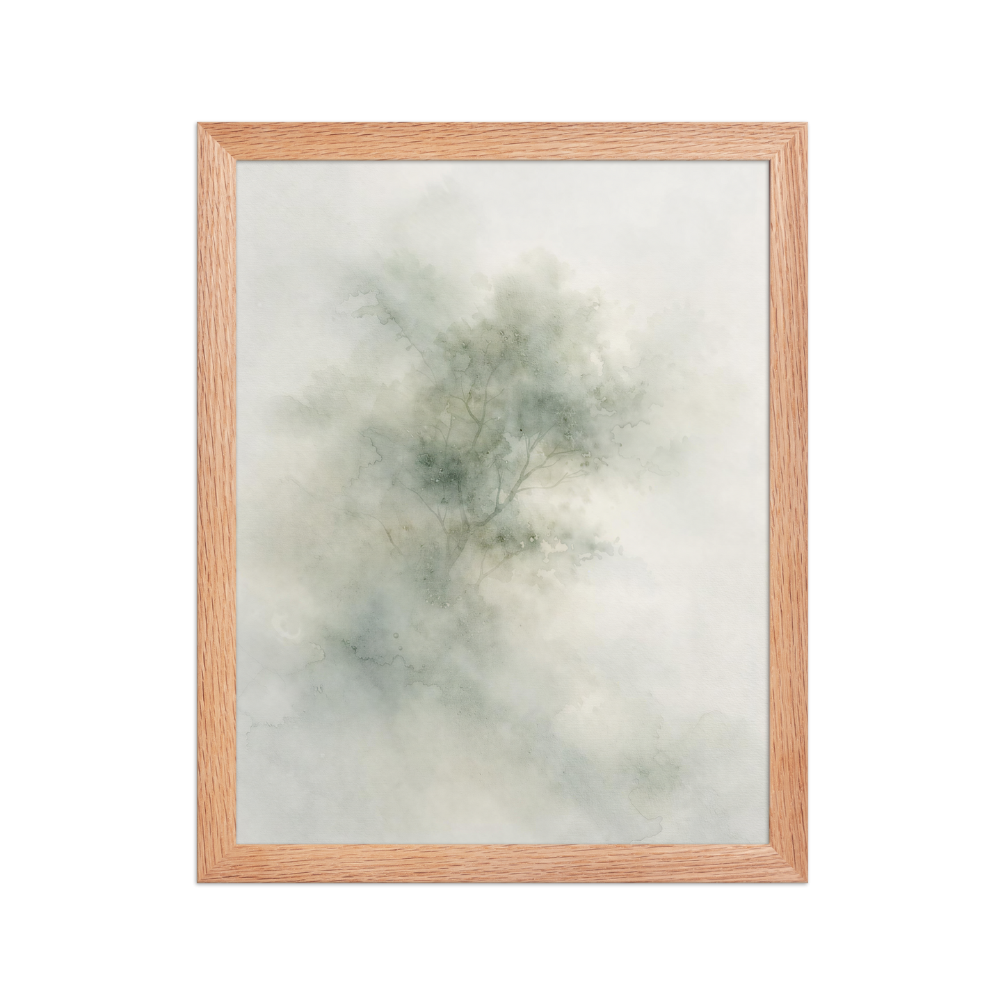 Framed minimalist watercolor-inspired artwork with a softly emerging tree form and subtle neutral tones.