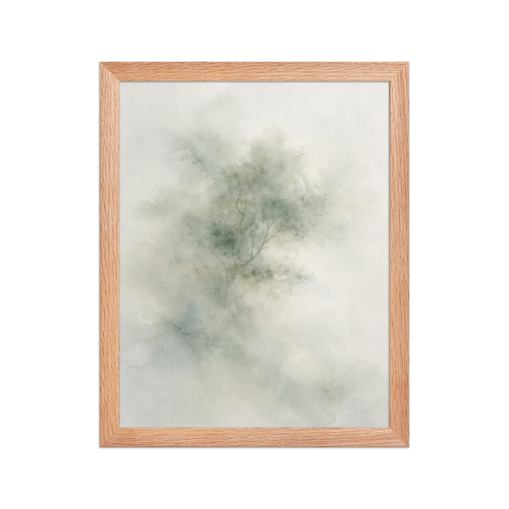 Framed minimalist watercolor-inspired artwork with a softly emerging tree form and subtle neutral tones.