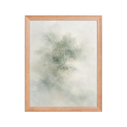 Framed minimalist watercolor-inspired artwork with a softly emerging tree form and subtle neutral tones.