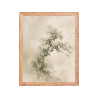 Framed minimalist nature-inspired poster featuring an emerging tree form in soft earthy neutral tones.