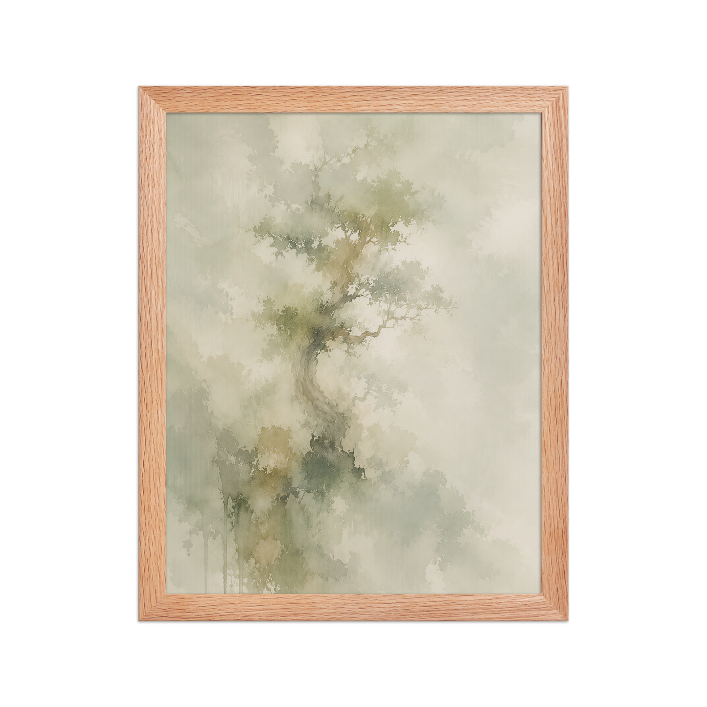 Framed minimalist nature-inspired poster featuring a softly emerging tree form in muted neutral tones and organic watercolor textures.
