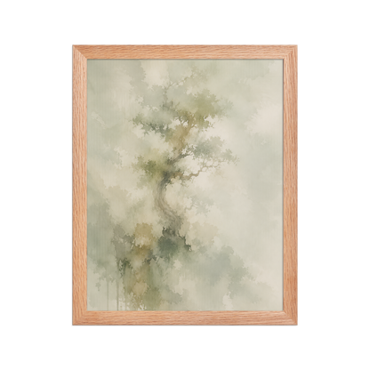 Framed minimalist nature-inspired poster featuring a softly emerging tree form in muted neutral tones and organic watercolor textures.
