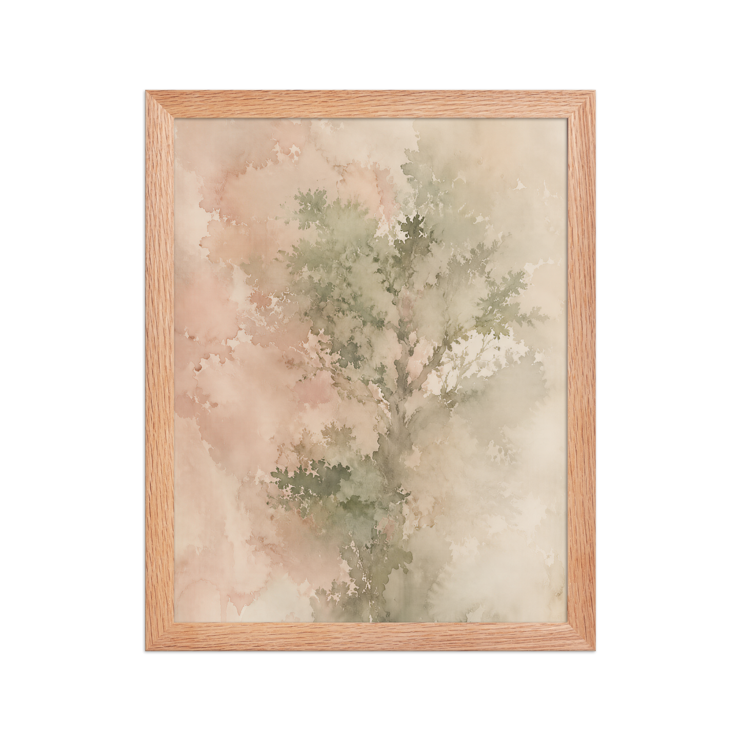 Framed minimalist nature-inspired poster featuring a softly emerging tree form in blush, sage, and warm neutral tones.