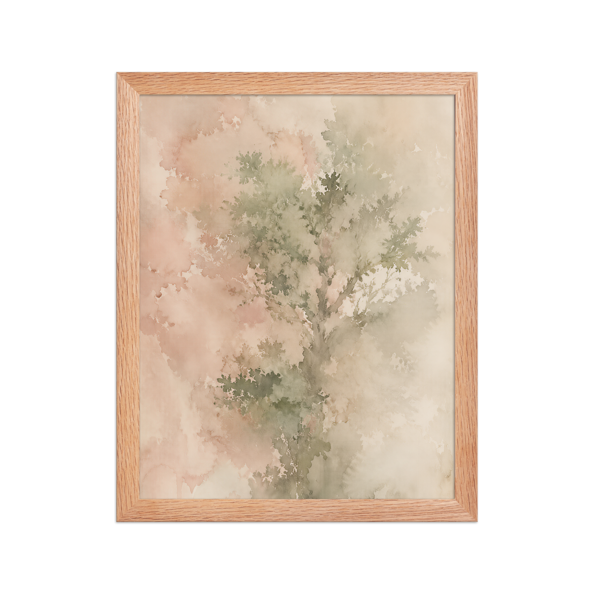 Framed minimalist nature-inspired poster featuring a softly emerging tree form in blush, sage, and warm neutral tones.