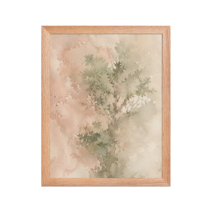 Framed minimalist nature-inspired poster featuring a softly emerging tree form in blush, sage, and warm neutral tones.