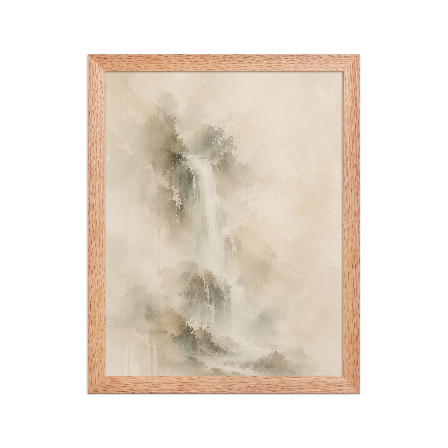 Framed waterfall-inspired poster featuring soft flowing forms in warm neutral and muted earth tones.