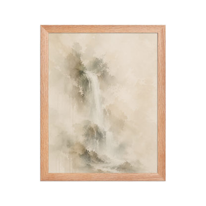 Framed waterfall-inspired poster featuring soft flowing forms in warm neutral and muted earth tones.