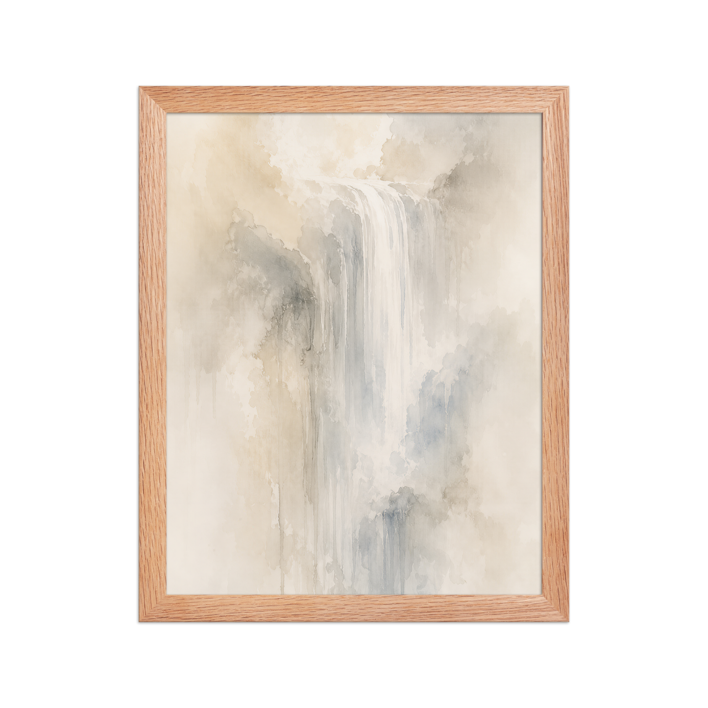 Framed waterfall-inspired poster with soft flowing forms in warm neutrals, misty blues, and subtle organic textures.