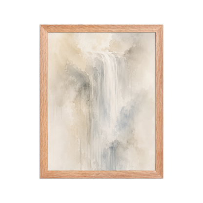 Framed waterfall-inspired poster with soft flowing forms in warm neutrals, misty blues, and subtle organic textures.