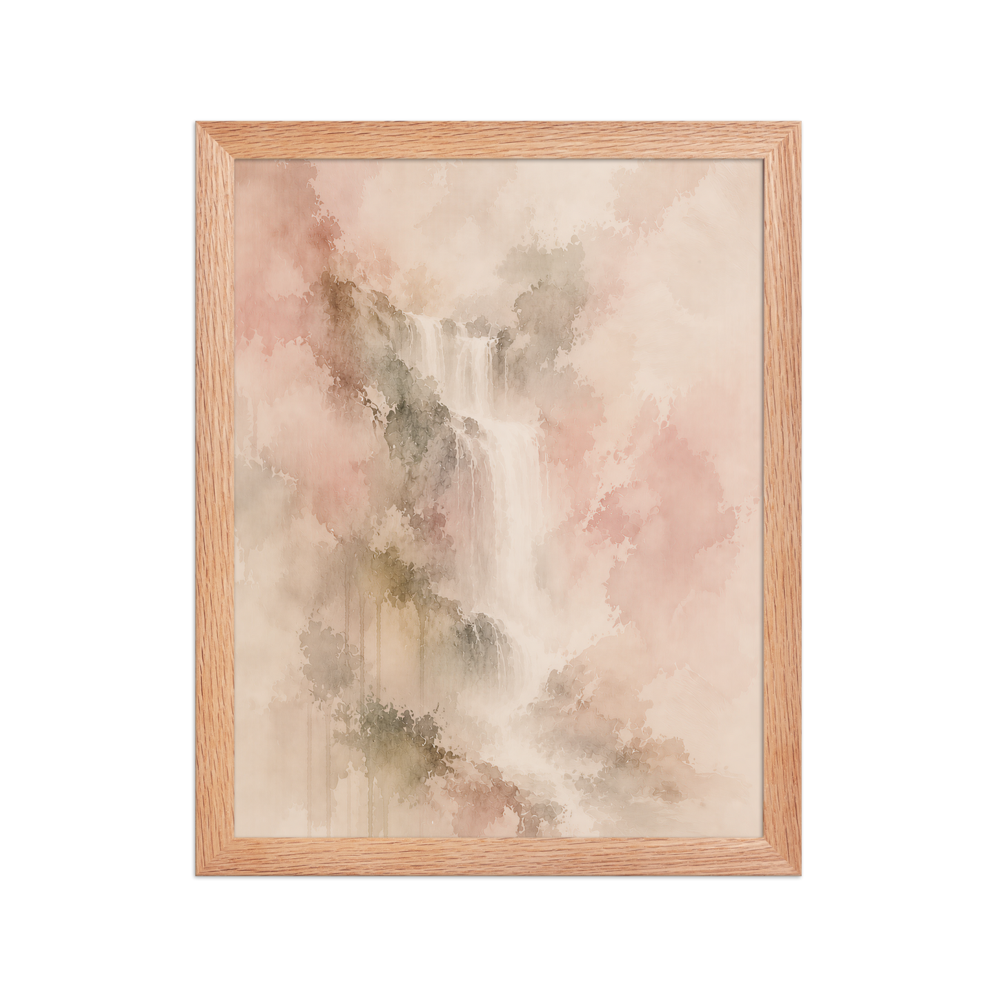 Framed waterfall-inspired poster featuring soft flowing forms in blush, warm neutral, and muted earth tones.