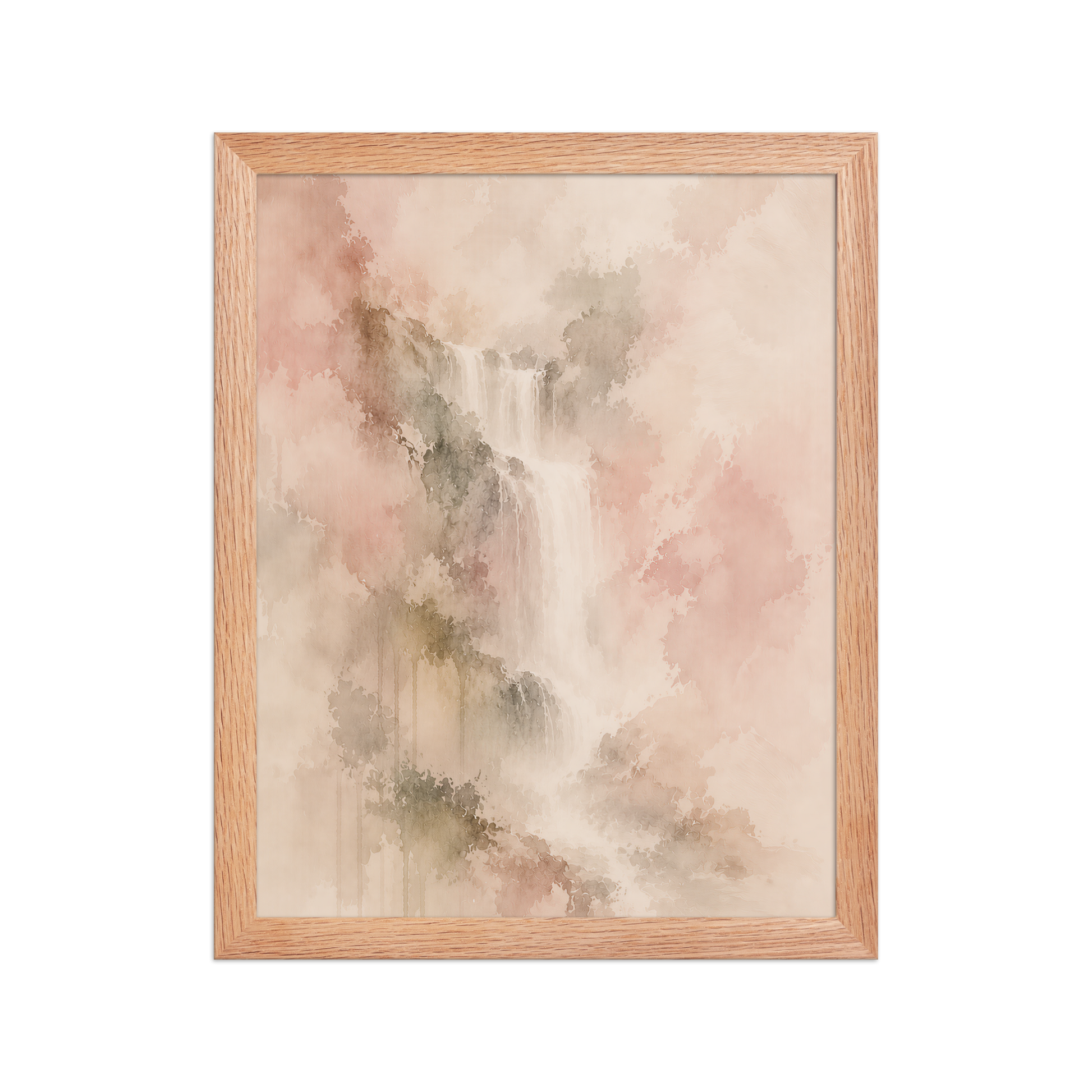 Framed waterfall-inspired poster featuring soft flowing forms in blush, warm neutral, and muted earth tones.