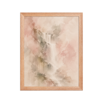 Framed waterfall-inspired poster featuring soft flowing forms in blush, warm neutral, and muted earth tones.