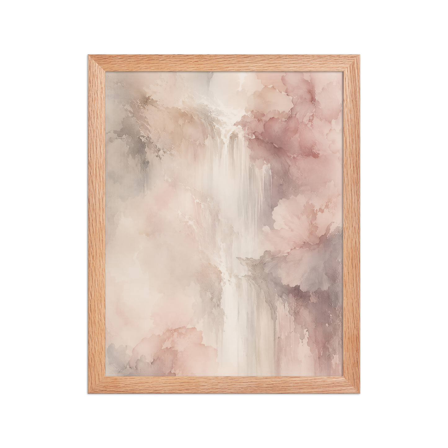 Framed waterfall-inspired poster featuring soft flowing forms in blush pink, warm neutrals, and muted earth tones.