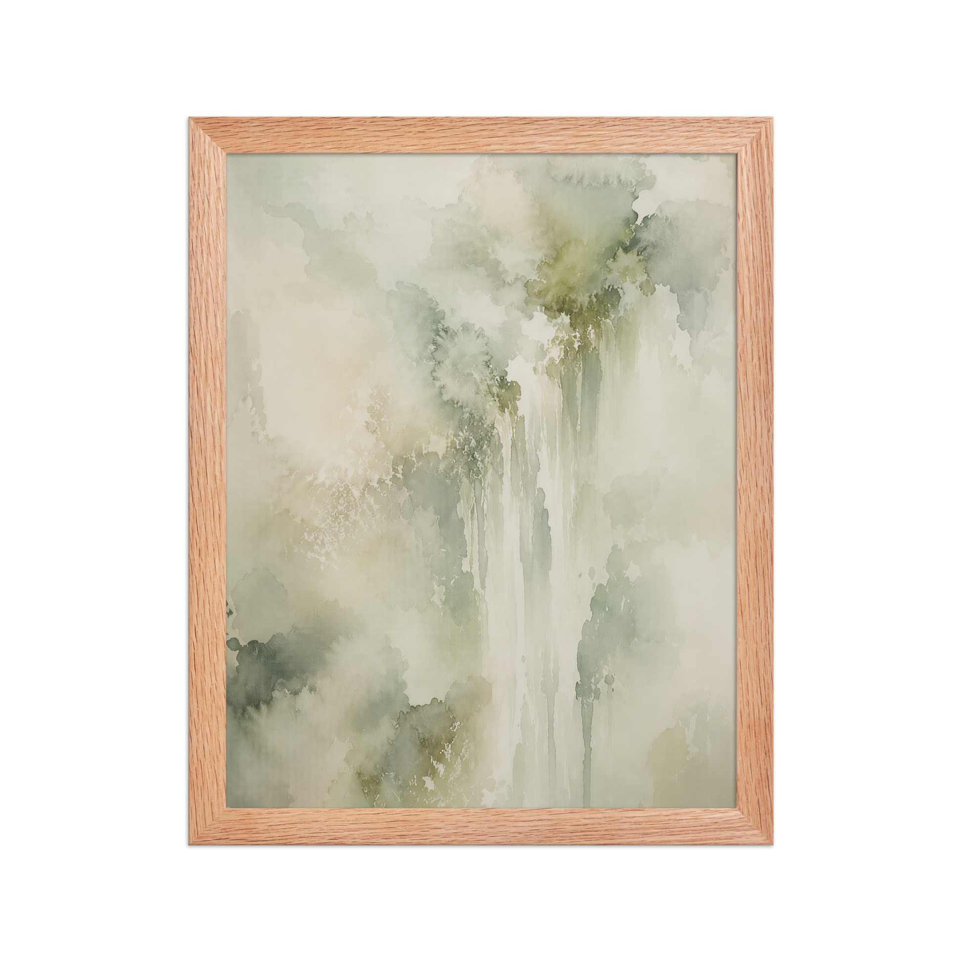 Framed waterfall-inspired poster featuring soft flowing forms in sage green, warm neutrals, and muted natural tones.