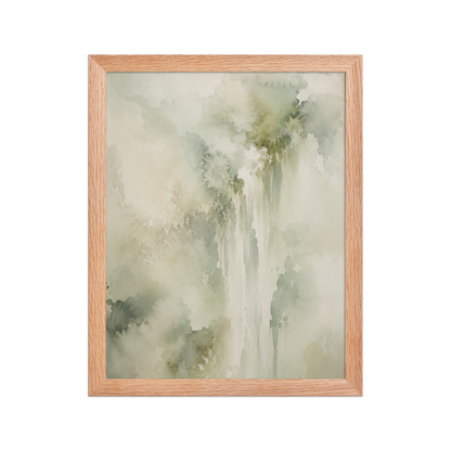 Framed waterfall-inspired poster featuring soft flowing forms in sage green, warm neutrals, and muted natural tones.