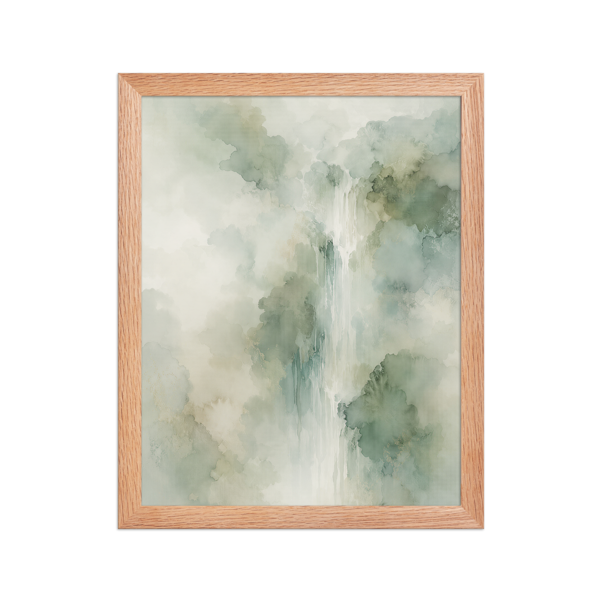 Framed waterfall-inspired poster with soft sage green tones, flowing water, and organic watercolor textures.