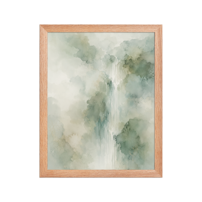 Framed waterfall-inspired poster with soft sage green tones, flowing water, and organic watercolor textures.