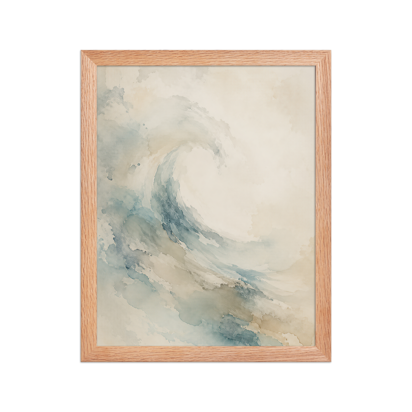 Framed ocean wave-inspired poster with flowing watercolor textures in soft blue, sand, and warm neutral tones.