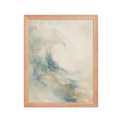 Framed ocean wave-inspired poster with flowing watercolor textures in soft blue, sand, and warm neutral tones.