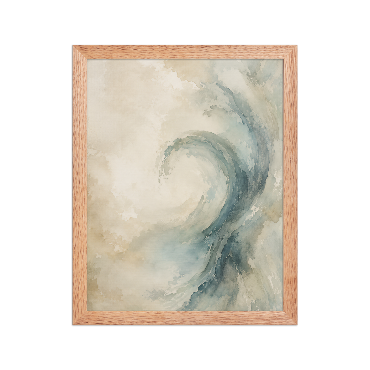Framed ocean wave-inspired poster with flowing watercolor textures in soft blue, ivory, and warm neutral tones.