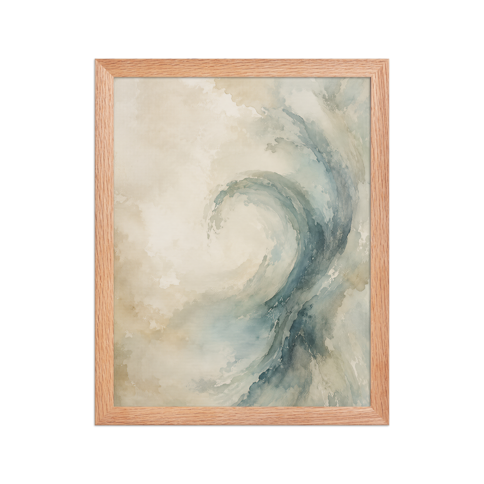 Framed ocean wave-inspired poster with flowing watercolor textures in soft blue, ivory, and warm neutral tones.
