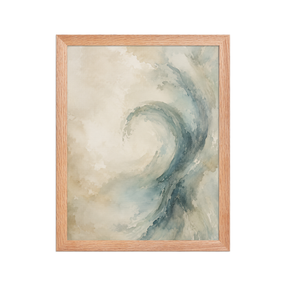 Framed ocean wave-inspired poster with flowing watercolor textures in soft blue, ivory, and warm neutral tones.