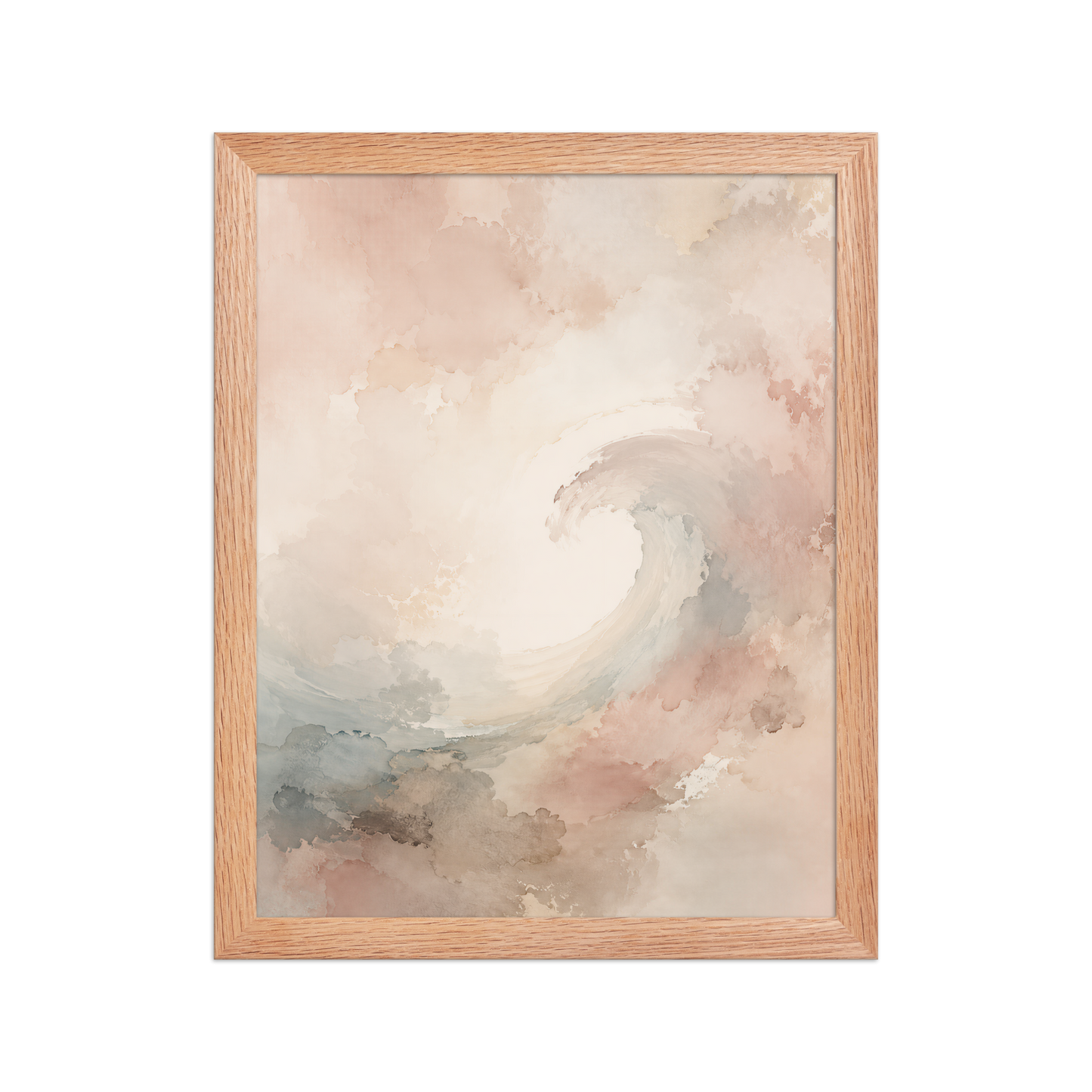 Framed ocean wave-inspired poster with flowing watercolor textures in blush, soft blue, and warm neutral tones.