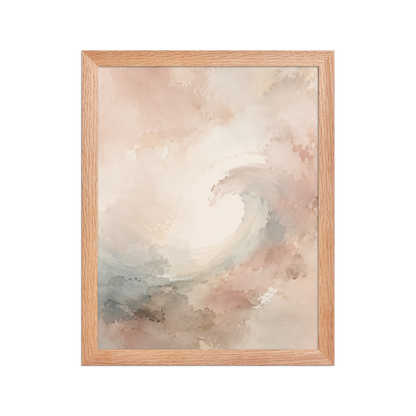 Framed ocean wave-inspired poster with flowing watercolor textures in blush, soft blue, and warm neutral tones.
