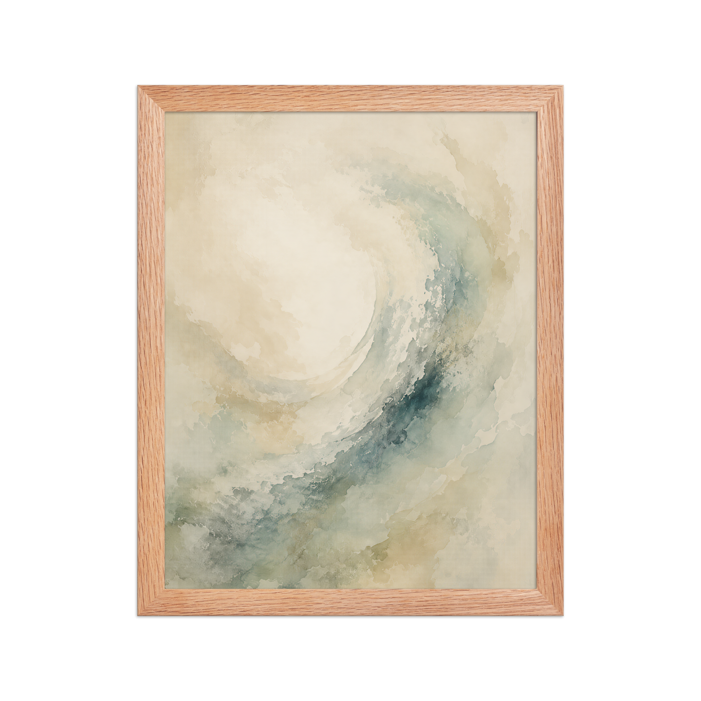 Framed ocean wave-inspired poster with flowing watercolor textures in soft blue, sage, and warm neutral tones.