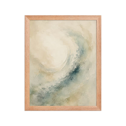 Framed ocean wave-inspired poster with flowing watercolor textures in soft blue, sage, and warm neutral tones.
