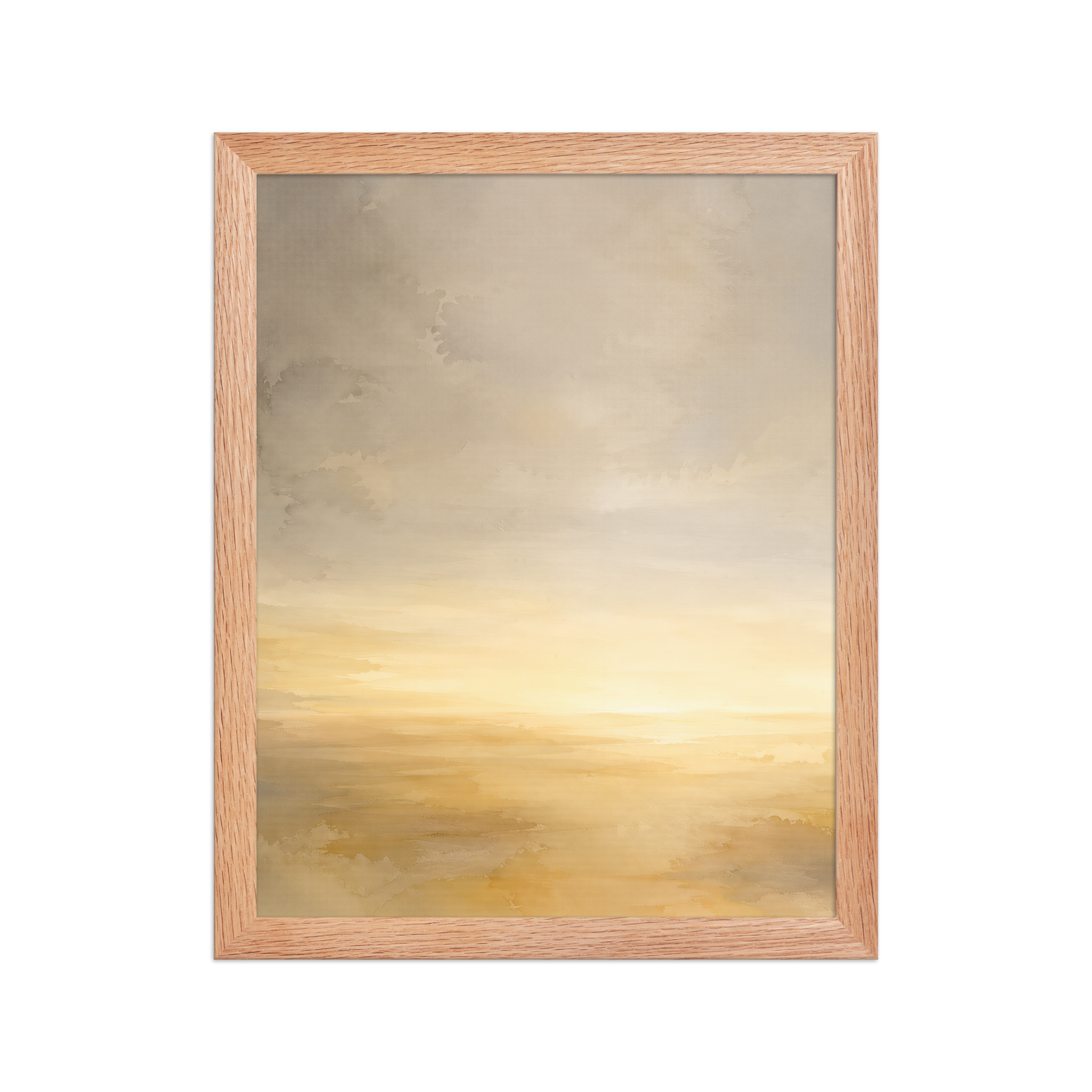 Framed sunrise poster featuring a glowing ocean horizon with soft watercolor textures in warm gold, ivory, and neutral tones.