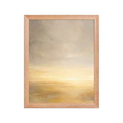 Framed sunrise poster featuring a glowing ocean horizon with soft watercolor textures in warm gold, ivory, and neutral tones.