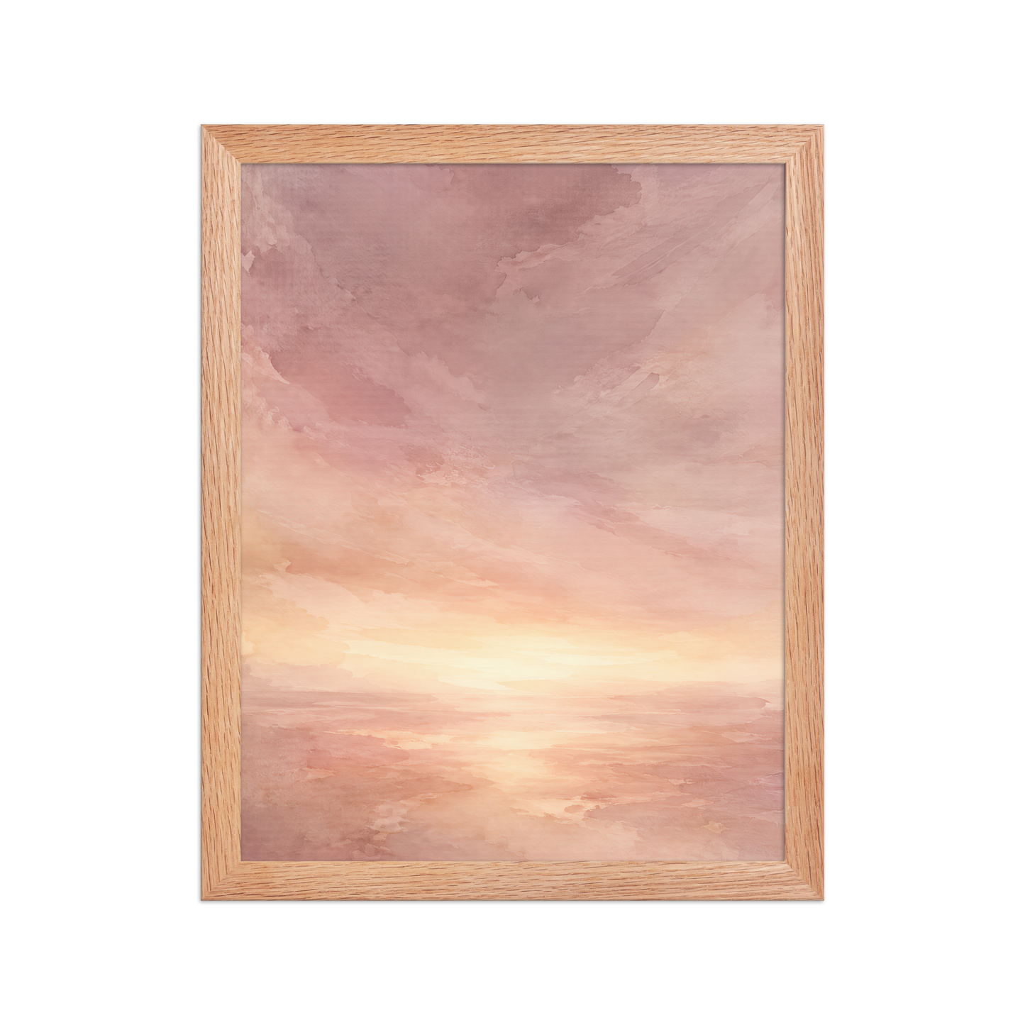 Framed sunrise poster with a glowing blush ocean horizon and soft watercolor textures in pink, peach, and warm neutral tones.