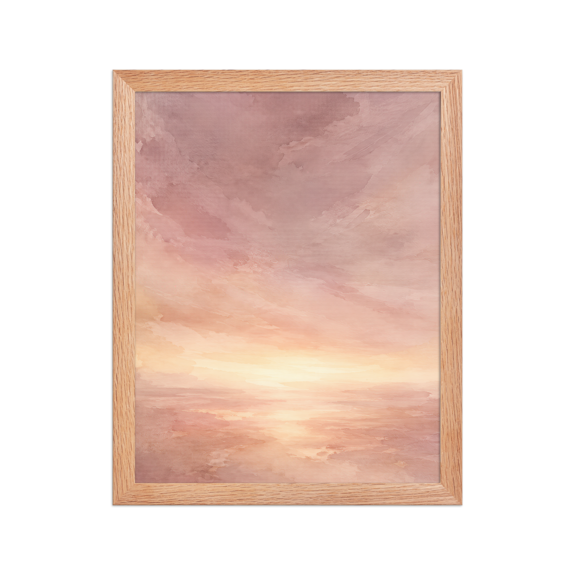 Framed sunrise poster with a glowing blush ocean horizon and soft watercolor textures in pink, peach, and warm neutral tones.