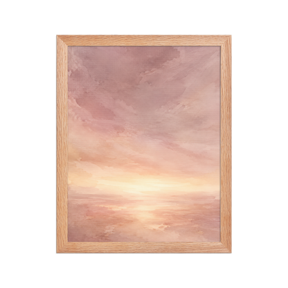 Framed sunrise poster with a glowing blush ocean horizon and soft watercolor textures in pink, peach, and warm neutral tones.