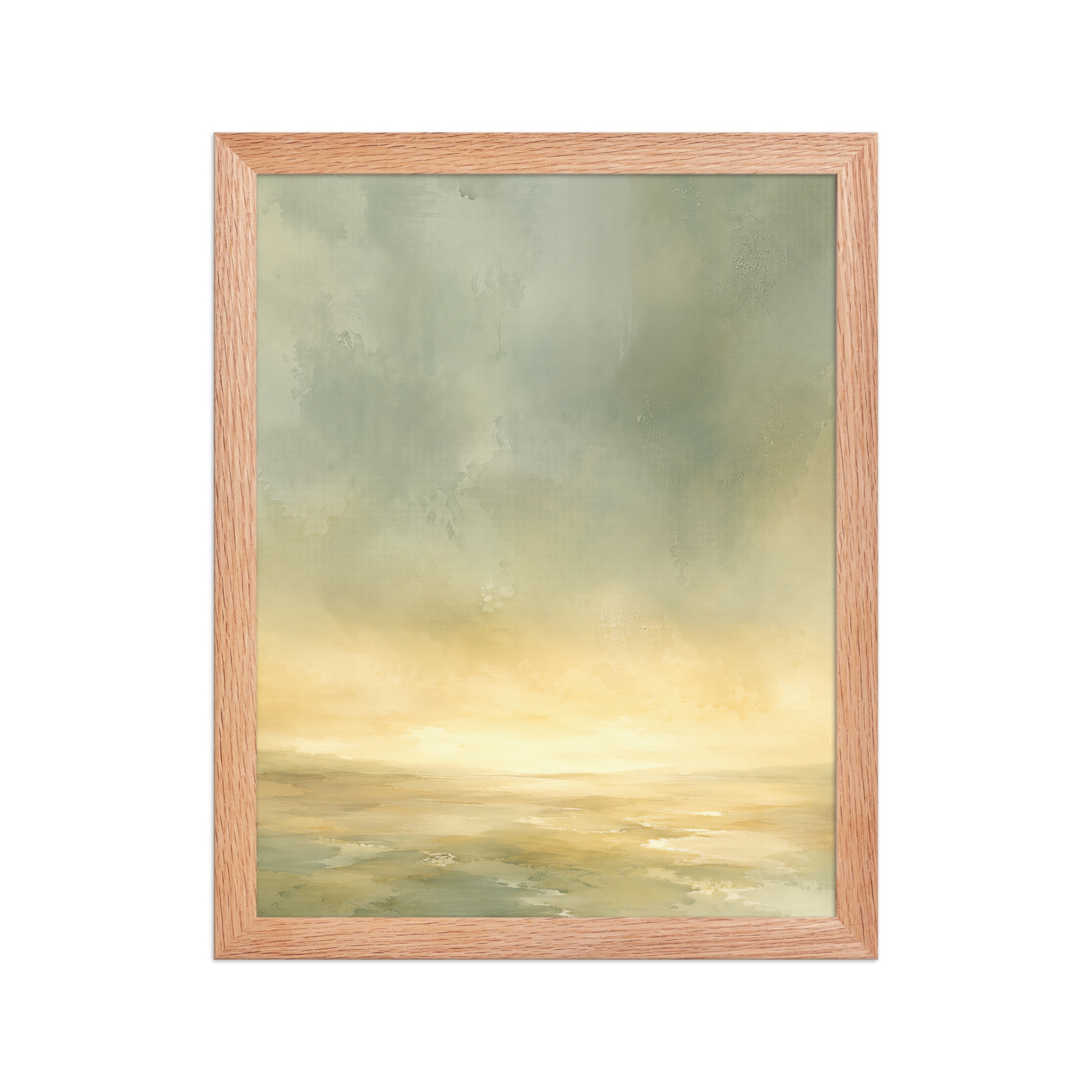 Framed sunrise poster featuring a glowing ocean horizon with soft sage green, warm gold, and watercolor textures.