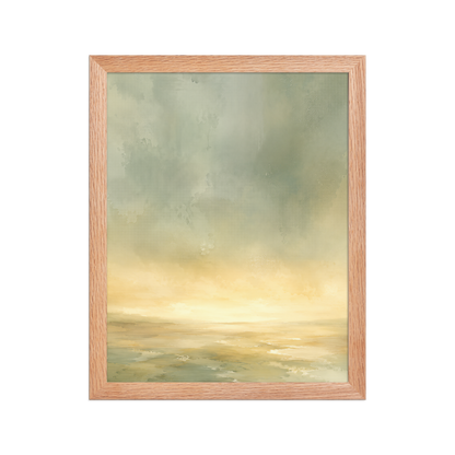 Framed sunrise poster featuring a glowing ocean horizon with soft sage green, warm gold, and watercolor textures.