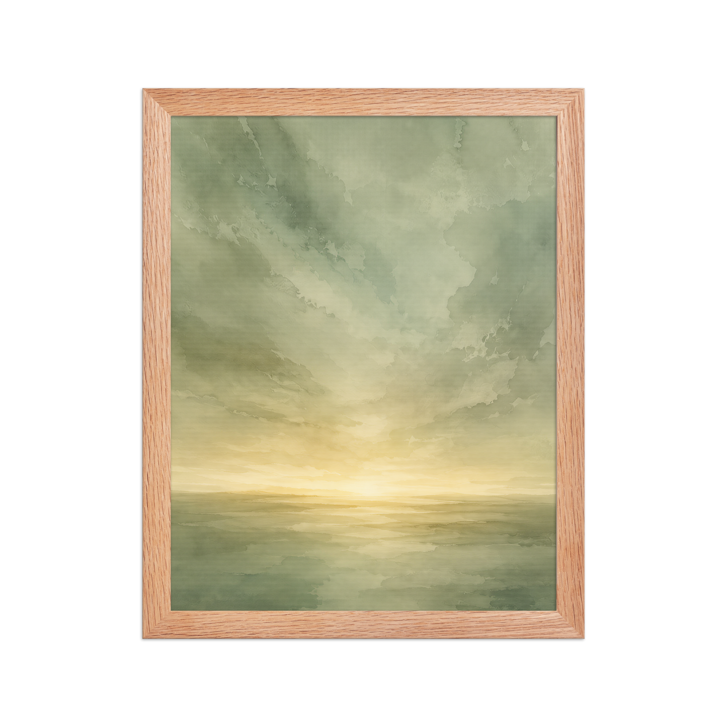 Framed sunrise poster featuring a glowing ocean horizon with soft sage green watercolor textures and warm golden light.