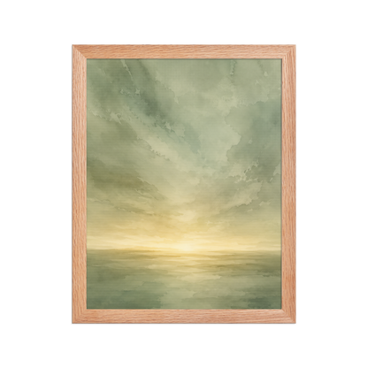 Framed sunrise poster featuring a glowing ocean horizon with soft sage green watercolor textures and warm golden light.