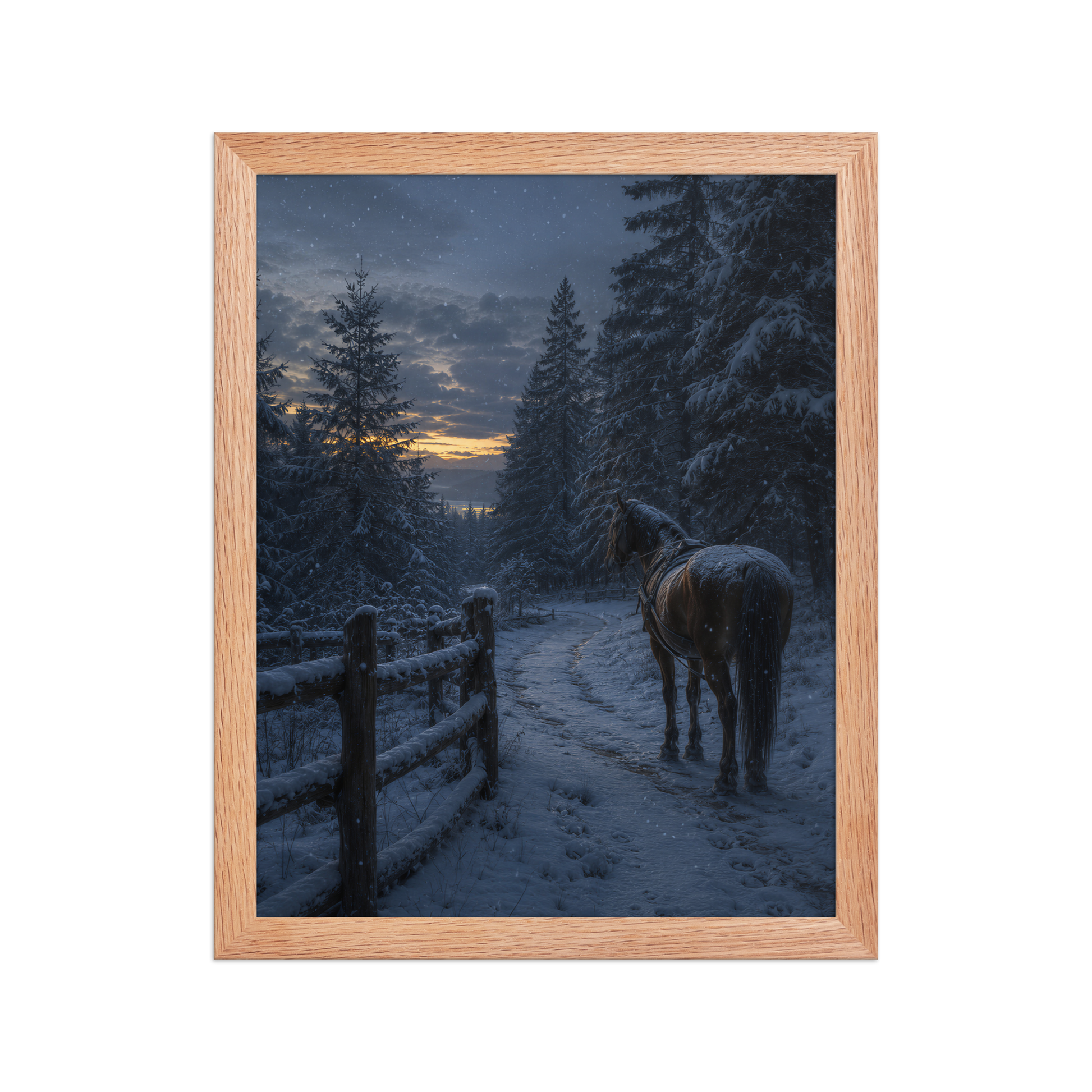 Framed winter forest poster featuring a lone horse on a snowy woodland path at twilight, inspired by Robert Frost's Miles to go, original Visual Poetry artwork.