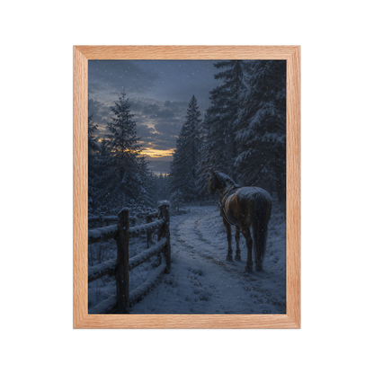 Framed winter forest poster featuring a lone horse on a snowy woodland path at twilight, inspired by Robert Frost's Miles to go, original Visual Poetry artwork.