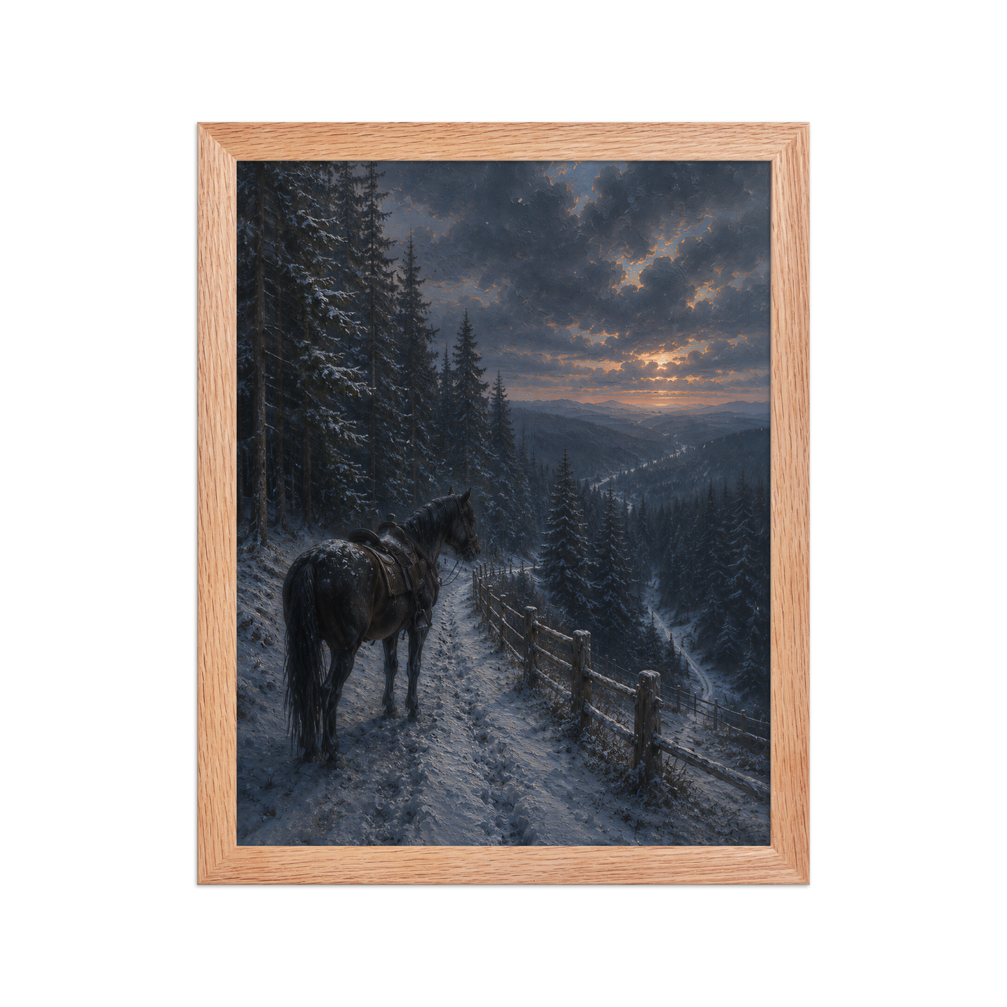 Framed mountain trail poster featuring a lone horse overlooking a snowy valley at winter sunset, inspired by Robert Frost's The Road Not Taken, original Visual Poetry artwork.