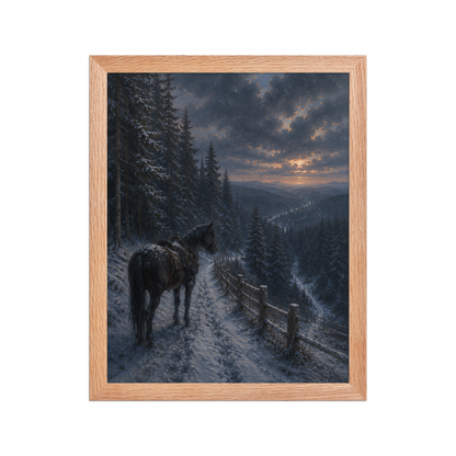 Framed mountain trail poster featuring a lone horse overlooking a snowy valley at winter sunset, inspired by Robert Frost's The Road Not Taken, original Visual Poetry artwork.