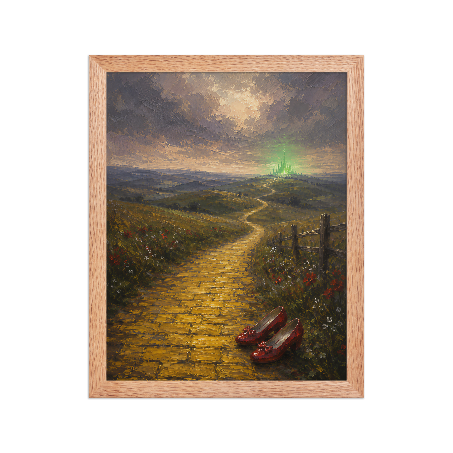 Framed Yellow Brick Road poster featuring ruby slippers beside a winding golden path leading toward a distant emerald city, inspired by There's No Place Like Home, original Visual Poetry artwork.