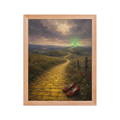 Framed Yellow Brick Road poster featuring ruby slippers beside a winding golden path leading toward a distant emerald city, inspired by There's No Place Like Home, original Visual Poetry artwork.