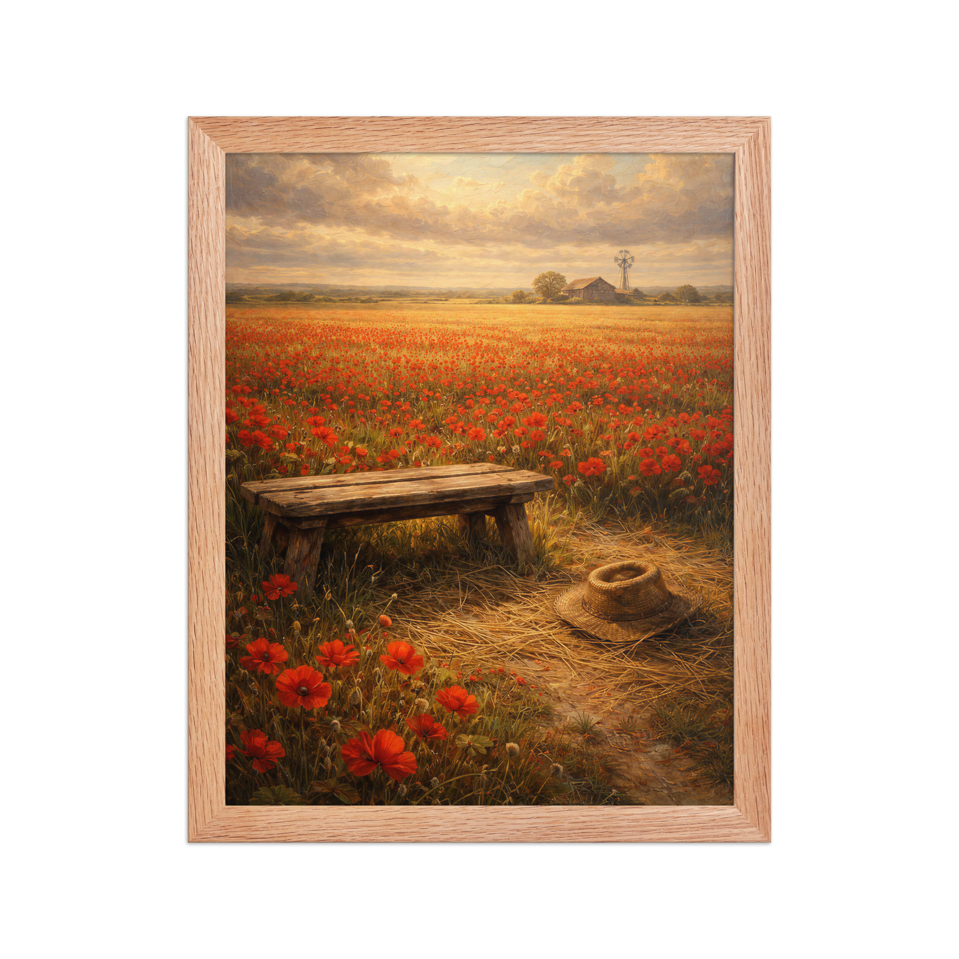 Framed Poppy Field poster featuring a rustic bench, straw hat, and a vast field of red poppies beneath a glowing countryside sky, inspired by The Deadly Poppy Field, original Visual Poetry artwork.